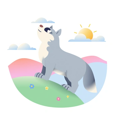 A cartoon wolf with large, expressive eyes is howling at the sky. The wolf has soft gray fur with white patches on its chest and underbelly. It stands on a grassy hill that is sprinkled with small, colorful flowers in shades of pink, yellow, and blue. In the background, there are gently rolling hills painted in pastel colors, with a pale blue sky above and fluffy, white clouds drifting by. The sun is setting, casting a warm glow over the entire scene.