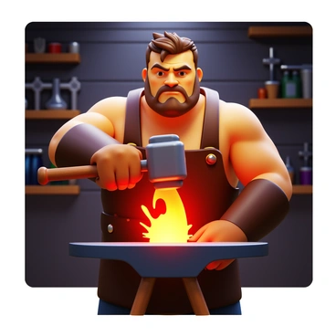 A blacksmith with a muscular build, wearing a leather apron and protective gloves, is striking a glowing piece of metal on an anvil with a heavy hammer. The metal emits bright orange and red sparks in the air with each strike. The blacksmith's brow is furrowed in concentration, and droplets of sweat are visible on his forehead. The workshop is dimly lit, and the background features shelves filled with various tools and materials used for metalworking. The scene captures the intensity and focus of the blacksmith's craft.