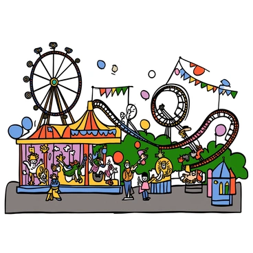 An amusement park scene filled with various rides inspired by iconic illustrations. In the foreground, there is a tall, colorful Ferris wheel adorned with lights. Nearby, a roller coaster with multiple loops and twists winds through the park, with riders raising their hands in excitement. Children are seen playing in a vibrant carousel featuring fantastical animals like unicorns and dragons. The park is filled with balloons, cotton candy stands, and families enjoying the attractions. There are also colorful banners hanging above the pathways, creating a festive atmosphere.