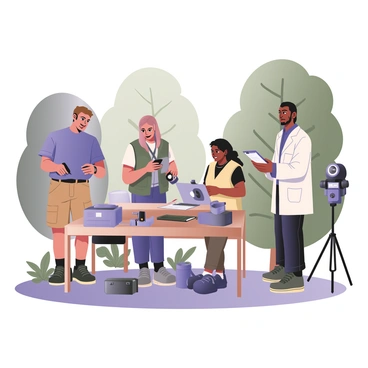 A group of four scientists is collecting data in a natural outdoor setting, surrounded by lush green trees and a variety of plants. Two scientists, a man with light skin and brown hair wearing a blue shirt and khaki shorts, and a woman with dark skin and curly hair wearing a green jacket and cargo pants, are using handheld air quality measurement instruments. Another scientist, a man with medium skin and a beard dressed in a white lab coat and dark jeans, is taking notes on a clipboard. He is standing next to a table with various scientific instruments, including a portable air sampler and a laptop displaying data. The fourth scientist, a woman with medium skin and straight black hair wearing a yellow vest, is setting up a larger air quality monitor on a tripod nearby. The environment is bright and vibrant, with rays of sunlight filtering through the leaves.