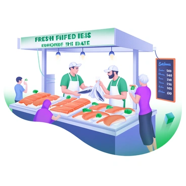 A seafood market stand displaying an array of "fresh catches of the day." The stand is adorned with piles of various types of fish, including "salmon," "tuna," and "red snapper," glistening under bright lights. Behind the stand, two "fishmongers" are engaged in conversation, wearing white aprons and caps. One fishmonger is skillfully filleting a fish, while the other is handing a customer a bag filled with seafood. To the side, a chalkboard sign lists the day's specialties and prices. The atmosphere is bustling, with customers browsing and admiring the selection.