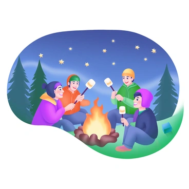A group of campers sitting around a campfire, surrounded by glowing orange flames. Each camper is holding a stick with a marshmallow toasting over the fire. In the background, a clear night sky filled with numerous bright stars creates a serene atmosphere. Tall pine trees are silhouetted against the sky, adding depth to the scene. Some campers are wearing colorful jackets and hats, while others are wrapped in cozy blankets. The light from the fire casts warm shadows on their faces as they share laughter and stories.