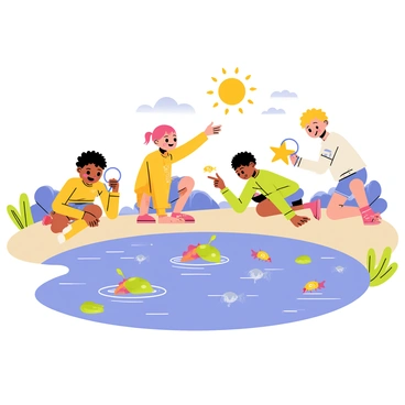 A group of four children, two boys and two girls, are crouched by a tidal pool filled with clear blue water. The children are excitedly pointing at small colorful sea creatures, including a bright orange starfish, tiny crabs with green shells, and small fish swimming around. One girl is gently holding a shell up to her eye, while one of the boys is using a magnifying glass to examine the water closely. The scene is set against a backdrop of rocky shorelines and patches of seaweed, with the sun shining brightly above, casting playful reflections on the water.