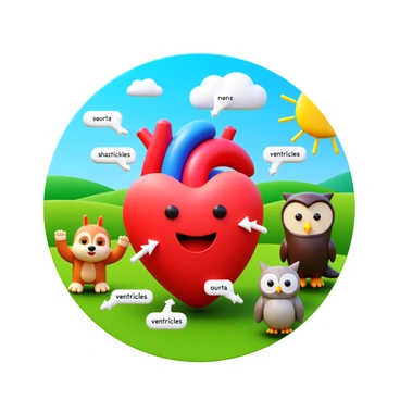 A children's book illustration depicting a group of friendly characters explaining "congenital heart disease." One character is a colorful cartoon heart with a smiling face, surrounded by cheerful animal friends like a playful puppy and a wise owl. The heart has various labels pointing to its different parts, such as "aorta" and "ventricles." In the background, a vibrant landscape with sunny skies and green hills provides a cheerful context. The characters are interacting with each other, using gestures to explain concepts, while a few clouds in the sky add to the friendly atmosphere.