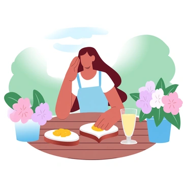 Frances enjoying a sunny summer day with a slice of bread and fresh jam on a patio.