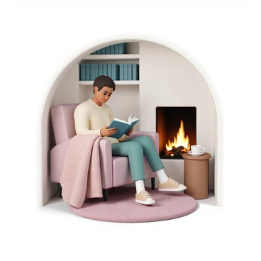 A cozy nook featuring a person sitting in a comfortable armchair, dressed in a soft, oversized sweater. They are holding an open book in their hands, deeply focused on the pages. The armchair is adorned with a warm, knitted blanket draped over one side. To the side, a small wooden table holds a steaming mug of tea. A crackling fireplace is visible, with glowing embers and flickering flames casting a soft light in the space. The walls are lined with bookshelves filled with books, and a plush rug lies on the floor, enhancing the inviting atmosphere.