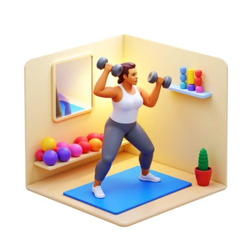 A cozy home workout space featuring an individual with a focused expression lifting dumbbells in a hammer curl position. The individual is wearing comfortable athletic clothing. The room includes a yoga mat on the floor and a wall-mounted mirror reflecting the action. A set of colorful weights is neatly arranged in the corner, and a small potted plant sits on a nearby shelf, adding a touch of greenery to the environment. Soft lighting illuminates the space, creating a warm and inviting atmosphere.