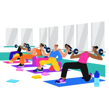 A diverse group of individuals in a fitness studio, all focused on practicing hip thrusts with barbells. Each person has a unique appearance, reflecting different ethnicities and styles. They are positioned on exercise mats, with their backs resting against benches. The studio is bright and spacious, featuring large mirrors on the walls. Each individual is lifting a barbell at the same time, showing their determination and concentration. The floor is covered with colorful mats, and fitness accessories like water bottles and towels are scattered around. "Hip thrusts" is written on a motivational poster in the background.