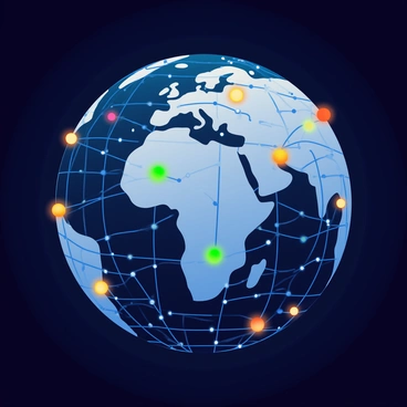 A globe made of interconnected digital circuits is in the center of the image. The circuits have a metallic sheen and are arranged in a complex, intricate pattern. Glowing nodes of various colors, including bright blue, green, and orange, are scattered across the surface of the globe, creating a network of illumination. Each node emits a soft light, highlighting the contours of the circuits. The overall appearance of the globe suggests a modern, technological theme, with a dark background to enhance the glow of the nodes.