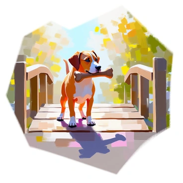 A medium-sized brown dog with floppy ears is standing on a weathered wooden bridge, looking curiously at its own shadow cast on the ground. The dog has a slightly tilted head, conveying a sense of puzzlement. In its mouth, it holds a large, textured bone. The sunlight filters through the trees, creating dappled light patterns on the bridge and enhancing the dog's features. The wooden planks of the bridge show signs of age, with visible grain and a few patches of moss. The background features lush greenery, completing the scene.