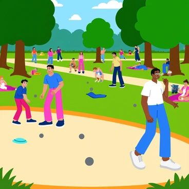 A petanque game happening in a bustling city park filled with people. There are several players focused on the game, some bending down to examine their throws. The ground is covered with small gravel stones, and there are metal balls scattered across the playing area. In the background, tall green trees provide shade, and families are enjoying picnics on colorful blankets. Nearby, a small dog is playfully chasing a frisbee while children are laughing and playing tag. Vibrant flowers bloom along the pathways, and people stroll by, adding to the lively atmosphere of the park.