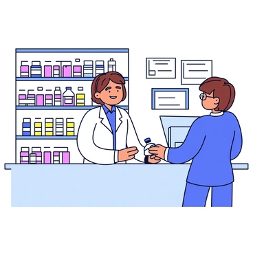 A hospital pharmacy with shelves filled with various bottles and boxes of medication. In the center, a pharmacist wearing a white lab coat is handing over a prescription bottle to a patient. The pharmacist has short brown hair and is smiling as they interact with the patient. The patient, who is standing across the counter, appears to be a middle-aged woman with glasses. The counter is clear and has a small computer monitor on one side. In the background, there are framed certificates on the wall, showcasing the pharmacy's credentials.
