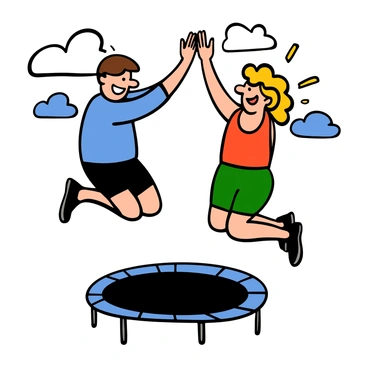 Two friends with light skin are bouncing on a trampoline. One friend has short brown hair, wearing a blue t-shirt and black shorts, while the other has curly blonde hair, dressed in a red tank top and green shorts. They are both in mid-air, with their arms extended, attempting to perform a high-five. Their expressions are filled with excitement and joy. The background features a bright blue sky with fluffy white clouds.