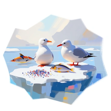 A close-up view showcasing various Antarctic wildlife in their natural habitat. The image features numerous small krill, their translucent bodies glistening in the icy waters. Nearby, a school of fish swims gracefully, displaying shimmering scales that reflect the surrounding light. In the foreground, several seabirds can be seen perched on ice floes, with distinct markings on their feathers. Each animal is captured in detail, highlighting the textures and colors characteristic of the Antarctic ecosystem. The scene illustrates the vibrant life present in this remote environment.