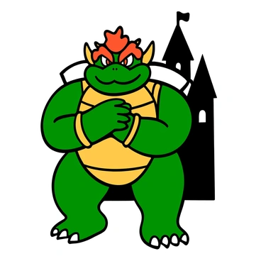 A cartoon illustration of Bowser, the iconic character with a large, muscular build and a spiky shell on his back. He has a fierce expression with fiery red eyes that convey power. His skin is a bright shade of green, and he has large hands with sharp claws. Bowser is standing proudly with his arms crossed, showcasing the menacing spikes on his shell. He wears a set of gold bracelets around his wrists, adding to his regal yet intimidating appearance. The background features a castle silhouette, hinting at his domain.