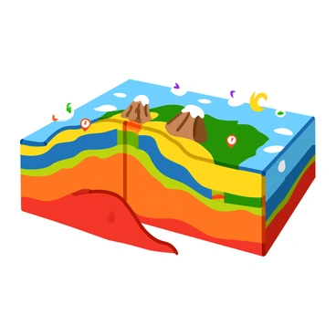 An educational illustration depicting "colorful tectonic plates" in motion. The tectonic plates are shown in vibrant shades of red, blue, yellow, and green, clearly defined with bold outlines. Lines indicating the direction of their movement are visible, along with arrows in contrasting colors. The background features a simple representation of the Earth's crust and mantle, emphasizing the layers beneath the plates. Small icons of mountains and volcanoes are scattered on the surface to illustrate the effects of plate movements.