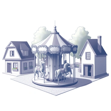A small village carousel stands in the center of a cobblestone square. The carousel is intricately designed, featuring ornate wooden horses with detailed carvings, each positioned in a circular formation. Surrounding the carousel are quaint, picturesque houses, each with distinctive gabled roofs and charming facades. The houses are arranged closely together, showcasing windows adorned with flower boxes and small porches. In the background, a few trees provide a touch of greenery, framing the scene. The atmosphere conveys a sense of community and nostalgia, with the vibrant carousel as the focal point amidst the idyllic village setting.