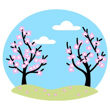 A clear blue sky fills the background, illuminated by bright sunlight. Delicate cherry blossom trees, adorned with clusters of pink flowers, are in full bloom, their branches swaying gently in the soft breeze. The ground is dotted with fallen petals, creating a carpet of pink and white around the trees. In the distance, lush green grass is accentuated by the warm morning light, enhancing the freshness of the scene.