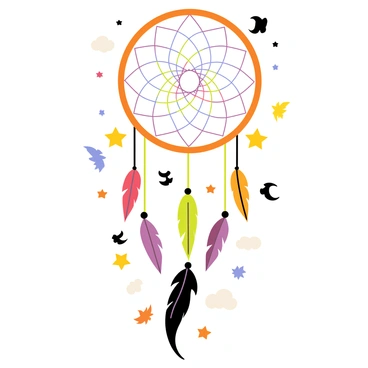 A dreamcatcher with a circular wooden frame adorned with intricate webbing. The webbing features vibrant threads in shades of purple, blue, and green. Various feathers hang from the bottom of the dreamcatcher, displaying bright colors like red, yellow, and orange. Swirling around the dreamcatcher are vivid dream elements such as playful stars, fluffy white clouds, and whimsical creatures, contrasting with darker representations of nightmares like shadowy figures and ominous eyes. The whole scene is set against a light background, enhancing the striking colors of the dreamcatcher and its surrounding elements.