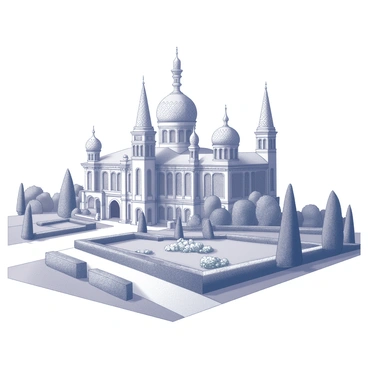 A grand palace with multiple towering spires and ornate architectural details. The structure is adorned with large domes that have intricate patterns. In the foreground, there are expansive gardens filled with neatly trimmed hedges and flowering plants. Pathways wind through the gardens, leading up to the entrance of the palace. The scene conveys a sense of elegance and opulence through the detailed construction of the palace and the carefully arranged greenery.