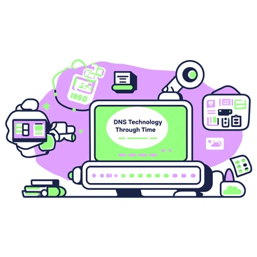 A time machine is depicted as a sleek, metallic device with intricate gears and glowing panels. It is positioned against a backdrop that features three distinct eras of DNS technology. On the left, there are vintage computers and a retro network setup showcasing early DNS concepts from the 1980s. In the center, a more modern setup is visible, including servers and networking equipment from the late 1990s. On the right, the latest technology is shown with advanced servers and cloud interfaces, representing contemporary DNS advancements. The time machine has a display screen showing “DNS Technology Through Time” with a timeline running below it.