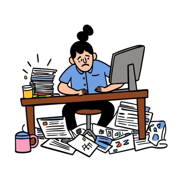 A young person with light skin and short black hair is sitting nervously at their first office desk. They are wearing a blue button-up shirt and black pants. The desk is cluttered with various papers, including reports and stationery items. The young person's hands are resting on the desk, and they have a worried expression on their face, reflecting their anxiety about the new environment. A computer screen and a coffee mug can also be seen on the desk, adding to the office setting.