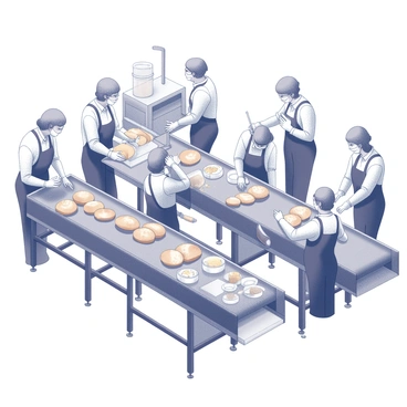 Workers in a factory assembling delicious buns on a conveyor belt