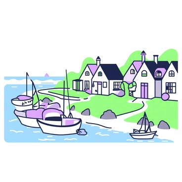 Line art of a quaint seaside village with boats and cottages