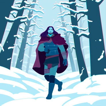 A man with long dark hair and a rugged expression, wearing a dark fur cloak over leather armor, is wandering through an ancient, snow-covered forest. He is surrounded by tall, towering trees with thick trunks and branches blanketed in white snow. The ground is covered in a thick layer of snow that crunches underfoot, and soft, swirling snowflakes fall gently from the overcast sky. The man’s breath creates visible puffs of mist in the cold air as he carefully navigates through the serene landscape, his eyes alert for any signs of movement in the stillness.