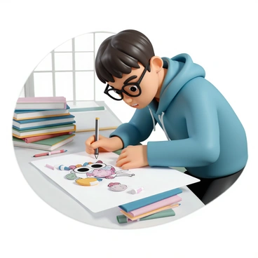 A student, wearing glasses, a blue hoodie, and black jeans, is sitting at a desk cluttered with sketchbooks, colored pencils, and markers. They are leaning forward, intensely focused on drawing a cartoon character on a large piece of paper in front of them. The character design features a whimsical creature with big eyes, oversized ears, and a vibrant color palette. The student has a determined expression, with furrowed brows and slightly pursed lips, as they concentrate on perfecting the details of the character’s features. Sunlight streams through a nearby window, illuminating the workspace and casting soft shadows on the desk.