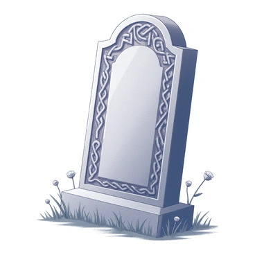 A gravestone stands prominently in the foreground. It features a robust, rectangular shape, with a gently arched top. The surface of the gravestone is adorned with intricate "Celtic knot designs," showcasing interwoven patterns that evoke a sense of artistry and craftsmanship. The knots vary in style and complexity, demonstrating skillful etching. The gravestone is set against a backdrop of gently swaying grass. A few small, wildflowers grow near the base, adding a natural element to the scene.