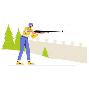 A biathlete dressed in a bright blue and yellow racing suit is taking aim with a sleek black rifle. The biathlete is positioned on a snow-covered landscape, surrounded by tall evergreen trees. In the background, a series of distant white circular targets are lined up on a snowy hill. The biathlete has a focused expression, with one eye closed as they align the rifle's sights. Snowflakes gently fall around them, creating a wintery atmosphere. The biathlete stands in a stable shooting position, with their feet firmly planted on the ground.
