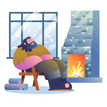 A large man with a rugged appearance, known as Beorn, is sitting comfortably in a cozy room by a stone fireplace. He has long, dark hair and a thick beard. He is dressed in a simple woolen tunic and sturdy trousers. The warm glow from the fire casts flickering light on his face. He is leaning back in a wooden chair, with his eyes closed as if enjoying a moment of peace. Outside the window, heavy snowfall is visible, blanketing the landscape in white. The window frames contrast with the warm interior, while logs are stacked neatly beside the fireplace, emphasizing the winter atmosphere.