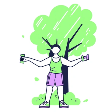 A person is performing lateral raises underneath the dappled shade of a large tree. The individual has a focused expression and is wearing athletic clothing, including a tank top and shorts. Their arms are extended parallel to the ground, each holding a small dumbbell. The tree has a thick trunk and a wide canopy, with sunlight filtering through the leaves, casting intricate shadows on the ground. In the background, there are patches of grass and a few scattered leaves. The scene conveys a sense of active exercise in a natural environment.