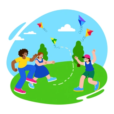 A group of three children jumping rope together in a sunny park. One child has curly hair and wears a bright yellow t-shirt, while another has straight hair and is dressed in a blue dress. The third child wears a red cap and green shorts. They are all smiling and showing excitement as they jump. In the background, several colorful kites are flying high in the clear blue sky, showcasing vibrant colors like red, green, and blue. The grass in the park is a bright green, and a few trees can be seen to the side.