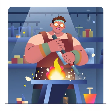 A blacksmith with muscular arms and a focused expression is standing at an anvil, forging a sword. He is wearing a leather apron and protective goggles, with sweat glistening on his forehead. In front of him, a glowing forge is emitting bright orange and yellow flames. As he strikes the hot metal with a hammer, numerous sparks are flying into the air, illuminating the surrounding dark workshop. Various tools such as tongs and hammers are scattered around, and the walls of the workshop are lined with metalworking equipment.