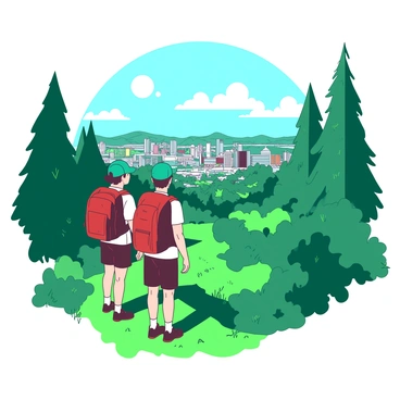Two hikers are standing on a lush green trail, surrounded by dense foliage and tall trees. They are looking out over a scenic view of Kobe city below, which is visible in the distance. One hiker is wearing a red backpack, while the other has a teal cap on. The sun shines brightly, illuminating the vibrant greens of the foliage and the colorful buildings of the city. The hikers appear to be taking a moment to appreciate the stunning landscape before them.