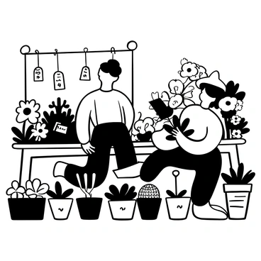 A gardener in a nursery kneeling beside a variety of flower pots, carefully examining the plants. The gardener is holding a trowel in one hand and a vibrant potted flower in the other. Surrounding them are numerous flower pots containing different species, each marked with tags showing their names. There are neatly arranged rows of plants, and a wooden bench in the background with gardening tools resting on it. The scene is filled with greenery and various textures of soil and leaves.