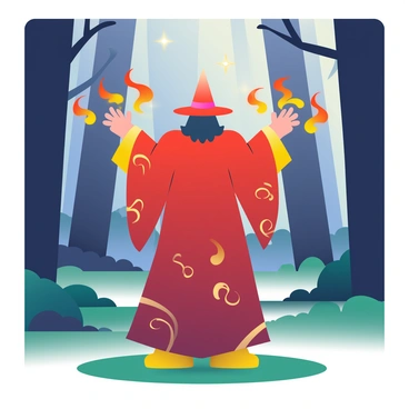 A mystical fire wizard with long flowing robes and a pointed hat is standing in a dark forest. His robes are deep red, adorned with swirling golden patterns that resemble flames. The wizard's arms are raised, and he is conjuring bright orange and yellow flames that dance in the air around him. The forest is dense with tall, dark trees casting long shadows, and the ground is covered in a layer of soft, green moss. In the background, faint glimmers of light suggest the presence of magical creatures peering from behind the trees. A gentle breeze causes the flames to flicker brightly, illuminating the scene.