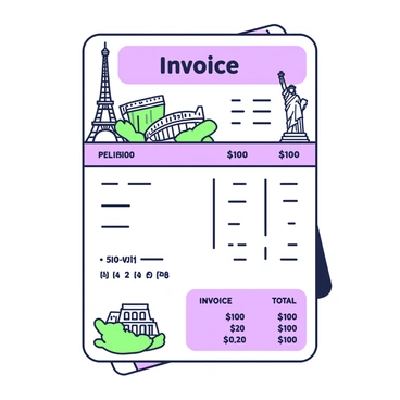 An invoice is laid out on a clean white background. At the top of the invoice, there is a heading in bold letters that says "Invoice." Below the heading, on the left side, there is an illustration of the "Eiffel Tower," depicted in a simplified outline form. To the right of the Eiffel Tower, there is a drawing of the "Statue of Liberty," also in an outline style with recognizable features. Below these icons, there are illustrations of the "Great Wall of China" and the "Colosseum." The invoice includes space for an itemized list, with lines for item descriptions and prices. At the bottom of the invoice, there is a section for total amounts due, also surrounded by simple outlines.