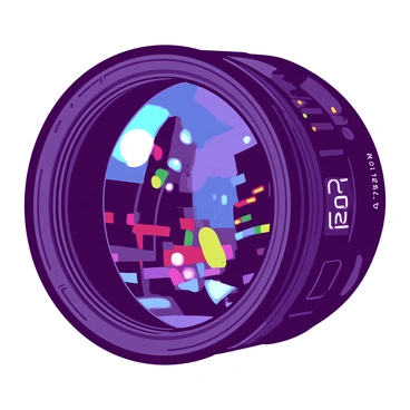 A close-up view of a shiny camera lens reflecting a vibrant urban scene. The lens glass is slightly rounded, and the reflections include colorful city lights and tall buildings. The lens is positioned on a black surface, enhancing the contrast with the reflections. There is a faint glare on the glass, creating a dynamic interplay of light and shadow. The overall composition highlights the intricate details of the lens and the vivid reflections it captures.
