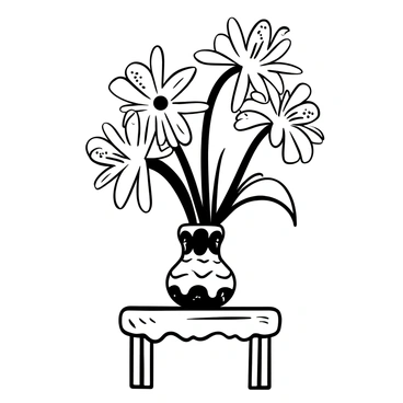 A decorative vase filled with "spider lilies" sits on a wooden table. The flowers are fully bloomed, their long, delicate petals fanning outward. The vase features intricate designs, complementing the elegance of the flowers. The table is simple with a textured surface, enhancing the overall composition of the arrangement. "Spider lilies" are the focal point, drawing attention with their unique shape and form.