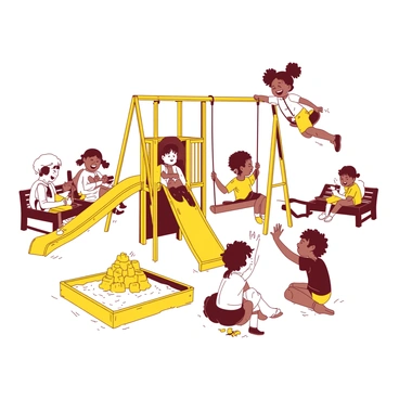 A yellow playground filled with children of various backgrounds happily laughing and playing together. Some children are on swings, with one child soaring high while another waits eagerly for their turn. A group of kids is gathered around a brightly colored slide, preparing to take turns sliding down. Nearby, two children are building a sandcastle in a designated sandbox, their faces beaming with joy. In the background, a few parents are sitting on benches, watching the children play.