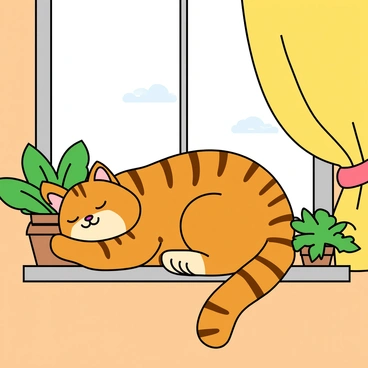A cute tabby cat with orange and black stripes is napping comfortably on a sunny windowsill. The cat is curled up with its paws tucked under its chin, its eyes closed peacefully. The warm sunbeam creates a bright patch of light on the windowsill, highlighting the cat's soft fur. Around the cat, there are a few small potted plants with vibrant green leaves, adding a touch of greenery to the scene. The window is slightly open, allowing a gentle breeze to flow through, rustling the curtains nearby.
