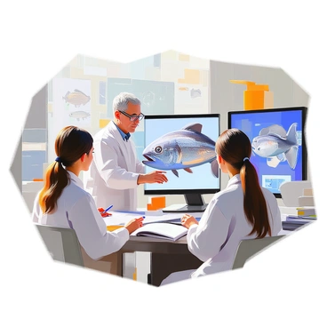 A group of scientists in a bright laboratory, focused intently on computer screens displaying digital models. One scientist, a middle-aged man with glasses and short black hair, is manipulating a 3D model of a coelacanth, adjusting its features to reflect its ancient appearance. Another scientist, a young woman with long brown hair tied back, is taking notes while observing the screen. Surrounding them are various marine biology books, sketches of fish, and large monitors showing images of the coelacanth in its natural habitat. The atmosphere is filled with a sense of collaboration and discovery as they work together on this digital restoration project.
