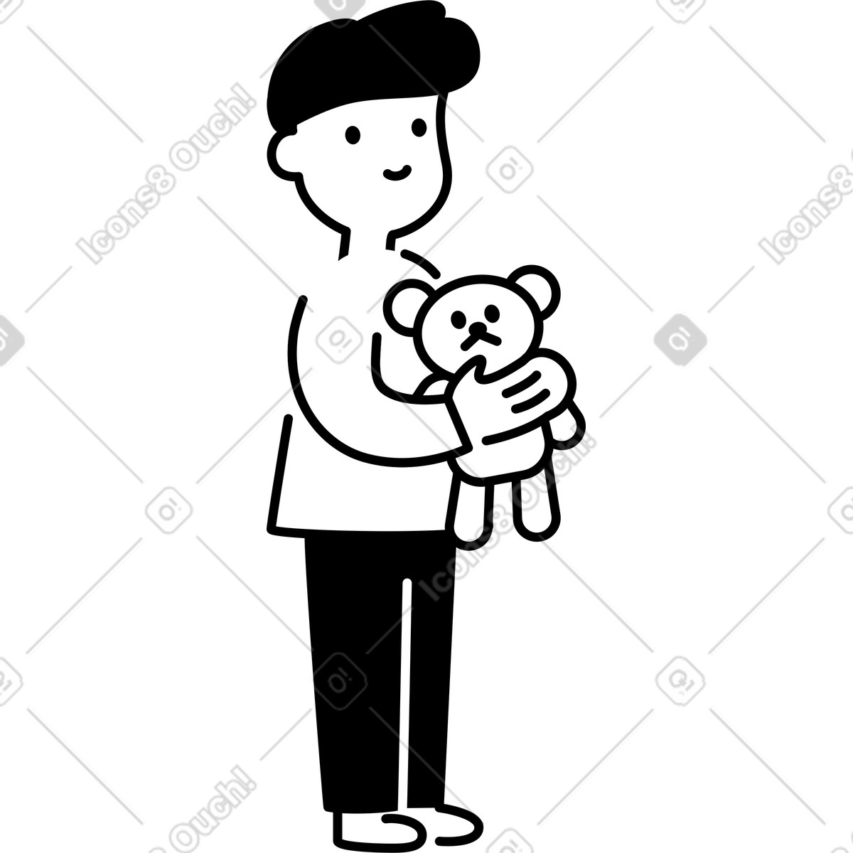 下载 Notion Line Art 风格的 Child holding teddy bear stuffed toy with gentle hugging gesture 插画，支持 PNG、SVG 格式