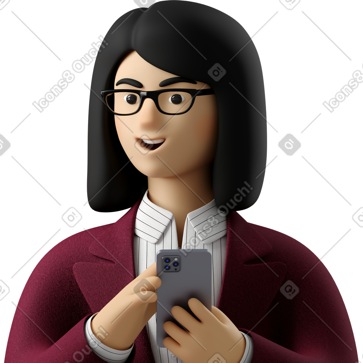Illustration Close up of businesswoman in red suit with phone looking aside dans le style 3D Business à télécharger aux formats PNG, SVG