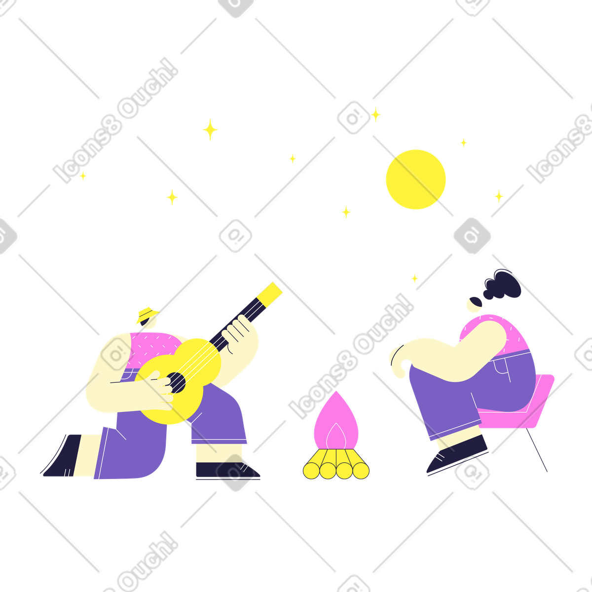 Illustration Homme jouant de la guitare devant une femme au feu camp dans le style Mellow à télécharger aux formats PNG, SVG