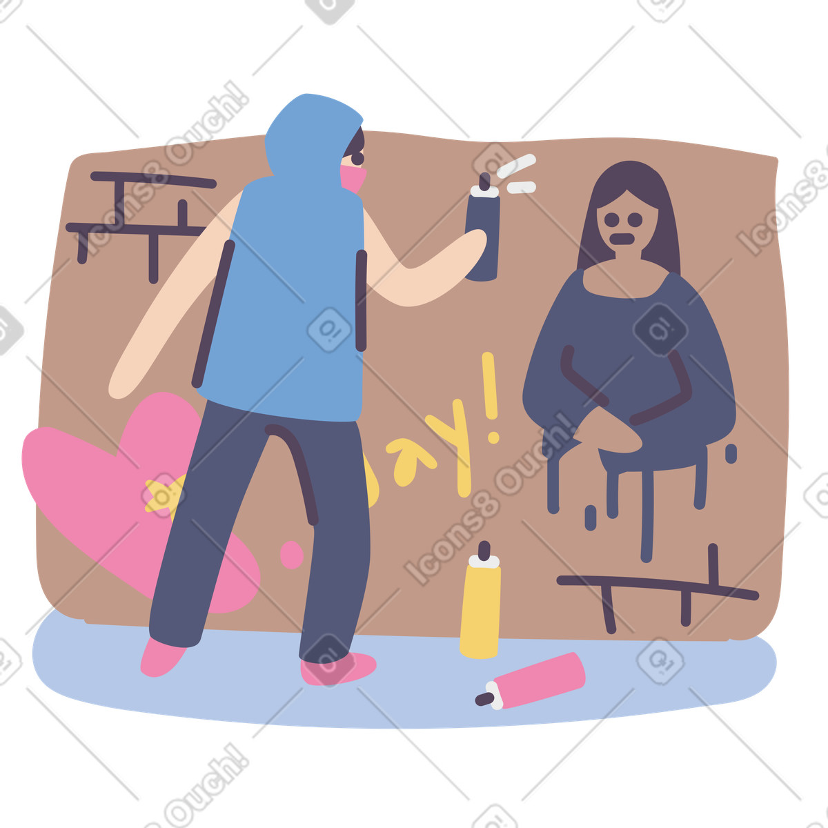 Man in a mask and hood spraying graffiti on brick wall illustration Pluto style download PNG, SVG