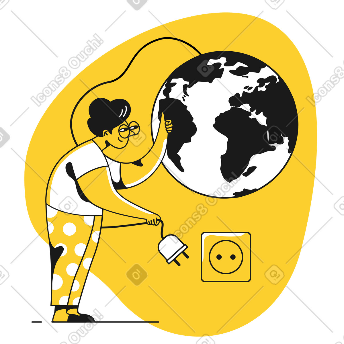 Donna che stacca la spina al pianeta per l'ora della terra illustrazione in stile Taxi scarica in PNG, SVG